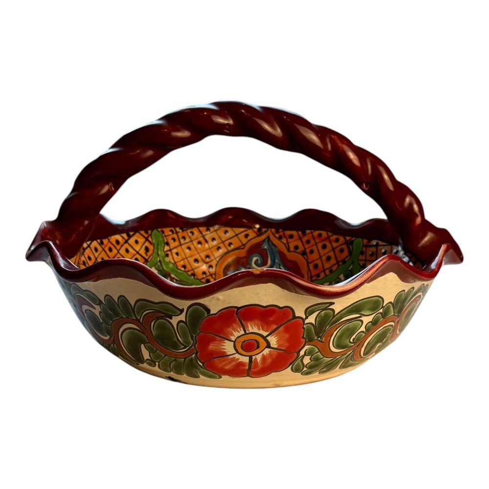 Mexican Talavera Hand Painted Ceramic Handled Basket Red Floral